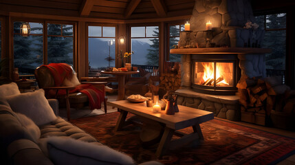 A charming living room in an eco-conscious cabin tucked nestled by snowy mountains.