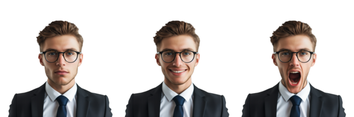 Businessman, various expressions, isolated on transparent or white background, png