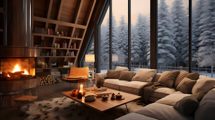  A cozy living room in an eco-friendly house nestled in a snowy forest clearing.