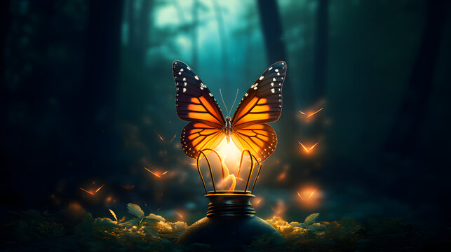 A light bulb with butterflies on it,
Night moths fly to the light of a lantern