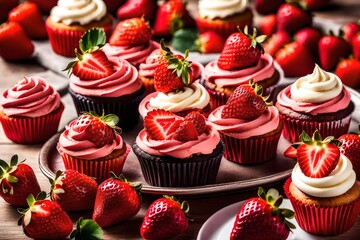 cupcakes with cream, A delightful scene unfolds as cupcakes adorned with ripe strawberries and luscious cream take center stage, inviting viewers to indulge in their sweet temptation