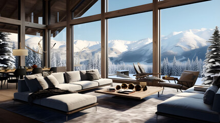 modern cozy living room in an eco-friendly house surrounded by snow-capped mountains views.