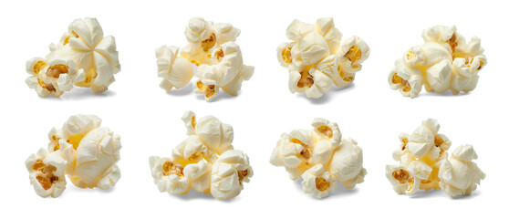 Collection set of popcorn flakes isolated on transparent or white background, png