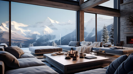 A picturesque living room in an eco-friendly house surrounded by snow-capped mountains.