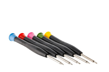 Set of small screwdrivers for a mobile phone with different tips and a plastic handle, isolated on a white background