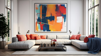 A sleek frame displaying a modern abstract art piece with bold colors and geometric shapes, adding a contemporary touch to the living room decor. 