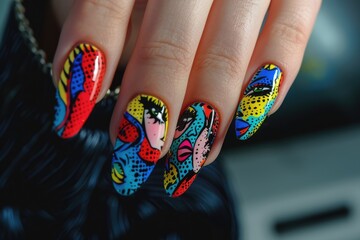 Close up pop art style manicure on female fingers. Nails design