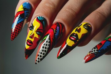 Close up pop art style manicure on female fingers. Nails design