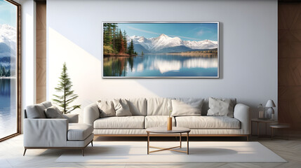 modern living room with white sofa and frames 
