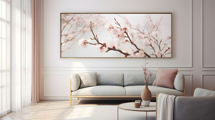 A frame featuring a close-up shot of delicate cherry blossoms in bloom, bringing a touch of elegance and tranquility to the modern living room.