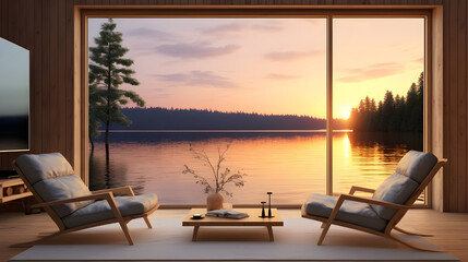  A frame with a minimalist design housing a stunning sunset over a tranquil lake, creating a focal point of natural beauty in the modern living room. 