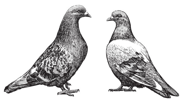 Hand drawing of pair cute wild city pigeons birds, black and white vector illustration