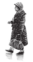 Sketch of senior woman in hat with handbag walking outdoors alone, black and white hand drawing isolated on white - 740960922