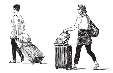 Sketches of two young casual women with suitcases and bags going in summer vacation, black and white hand drawing isolated on white - 740960958