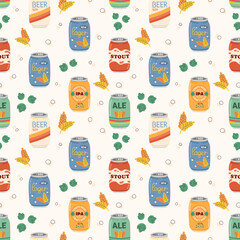 Seamless pattern with various beer types in aluminum cans. Hand drawn colorful beer in aluminum cans. Hops and malt pattern.