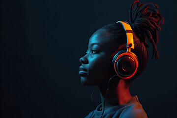 Young African American woman wearing headphones on a black background listening to his favorite music.