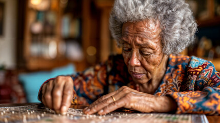 Elderly Woman Concentrating on Puzzle. Generative AI
