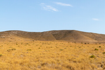 Paisaje desértico de Almería en las cercanías de la pedanía Fernán Pérez en España. Colina pedregosa rodeada de un mar de hierba seca en verano.