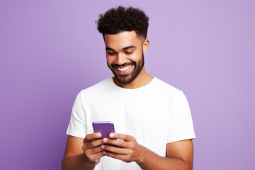 Happy man with phone on Lavender studio background