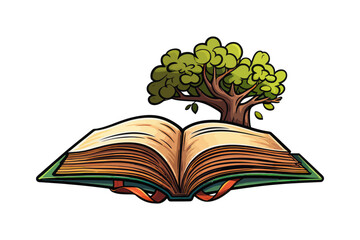 An open book serves as the foundation for a tree, showcasing the unique combination of literature and nature.