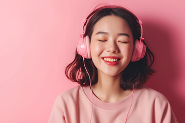 Young Japanese woman wearing headphones on a pink background listening to her favorite music