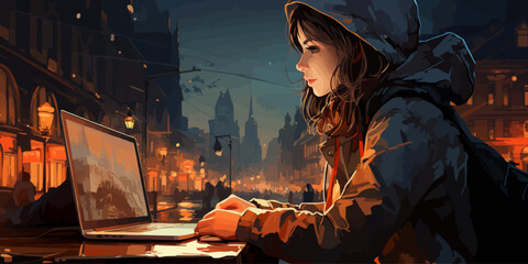 Lofi Girl studying at her desk. Rain ourside, beautiful chill, atmospheric wallpaper. Anime manga style. vector flat bright colors
