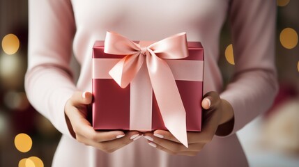 two white hands holding a pink gift box with gold ribbon