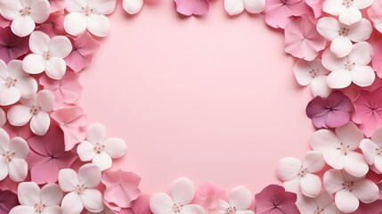 white blank cardboard circle with flower petals arranged on a pink background