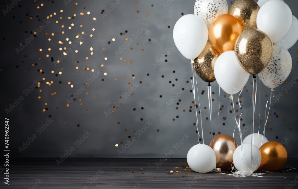 Wall mural white and gold balloons with stars and confetti - Wall murals