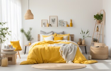 white bedroom decorated in yellow