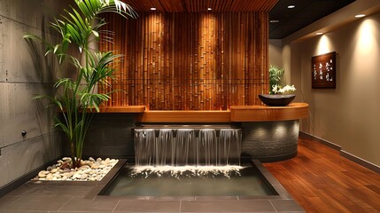 Zen inspired reception front desk design with bamboo accents and tranquil water feature