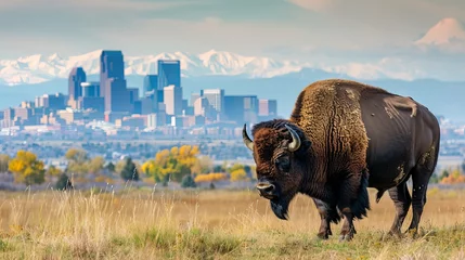 Foto op Plexiglas A bison on an open meadow at the Rocky Mountain National Park, with the Denver skyline and the Rocky Mountains in the distance. © Suleyman