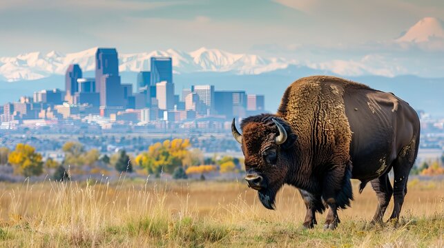 A bison on an open meadow at the Rocky Mountain National Park, with the Denver skyline and the Rocky Mountains in the distance.