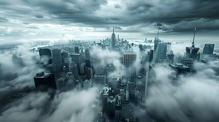 Top view of New York skyline in cloudy day. Skyscrapers of NYC in the fog. Stunning and magnificent view of famous city. digital art
 - Powered by Adobe