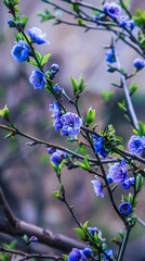 Blue flowers of Japanese cherry plum (Prunus serrulata). AI.