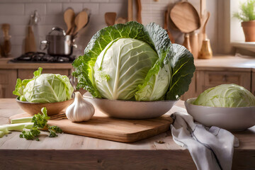 Two heads of cabbage on a wooden cutting board in a kitchen - obrazy, fototapety, plakaty