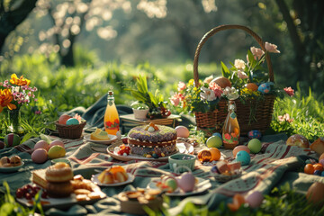 View to a picnic blanket on a meadow with a basket, cake and traditional Easter decorations made of flowers and painted eggs.