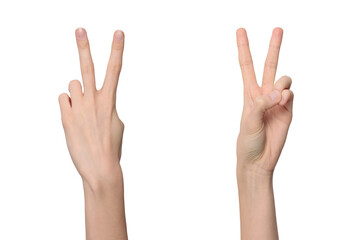 Two sides of female hands showing a V-sign by sticking up first two fingers in a V shape, as a sign of victory, isolated on transparent background, png file