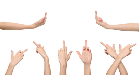 Female hands showing a gesture of fuck off from different angles, isolated on transparent background, png file