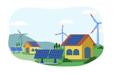 Vector Illustration of Sustainability through Renewable Energy, windmills and house with solar panels on rooftop flat illustration.