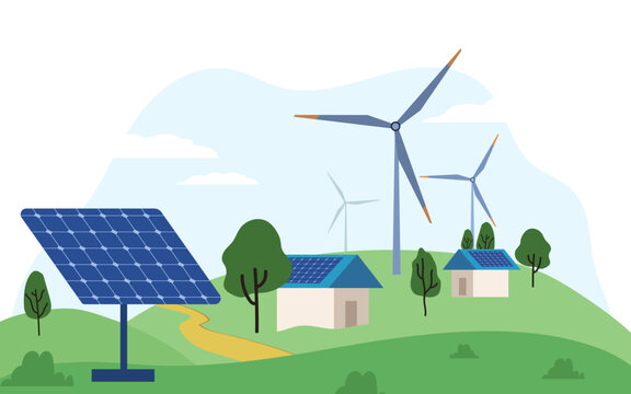 Vector Illustration of Sustainability through Renewable Energy, windmills and house with solar panels on rooftop flat illustration.