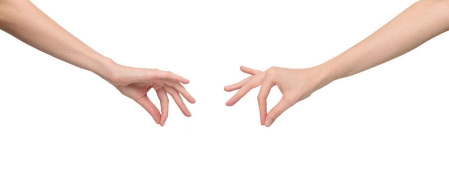 Two sides of female hand in a holding position by joining the thumb and index finger, isolated on transparent background, png file