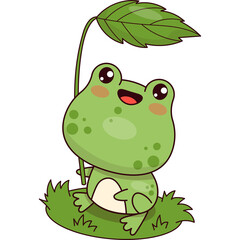 Funny frog sits under leaf