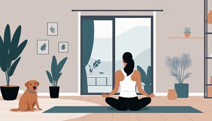 Woman practices yoga, dog nearby, home setting. Cartoon style, lifestyle depiction, interior scene. Meditation and sport emphasized.