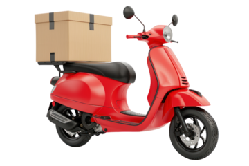 Red scooter with box isolated on transparent white background.
