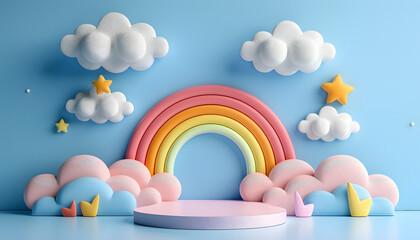 3D rendering podium kid style, colorful background, clouds and weather with empty space for kids or baby product