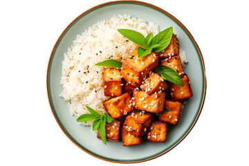 plate of rice and fried tofu with sesame seeds isolated on transparent background