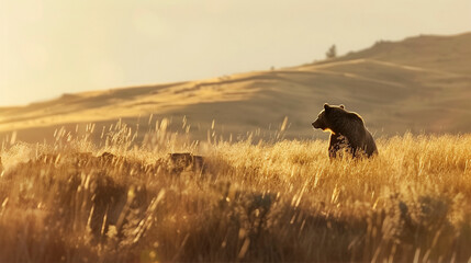 Powerful Grizzly Bear Roaming Montana, at sunrise - obrazy, fototapety, plakaty