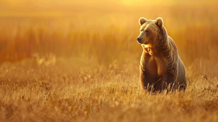 Grizzly Bear in the Wild, Montana wilderness landscape, at sunset - obrazy, fototapety, plakaty
