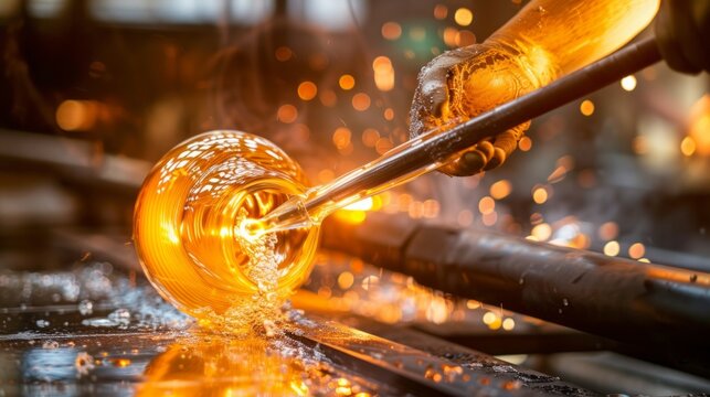 Glass blower forming beautiful piece of glass. Glass crafter is burning and blowing an art piece.